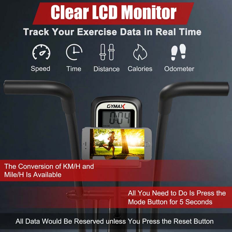 Air Resistance Upright Bike with LCD Monitor, Phone Holder & Built-in Wheels, Fully Adjustable Stationary Exercise Fan Bike