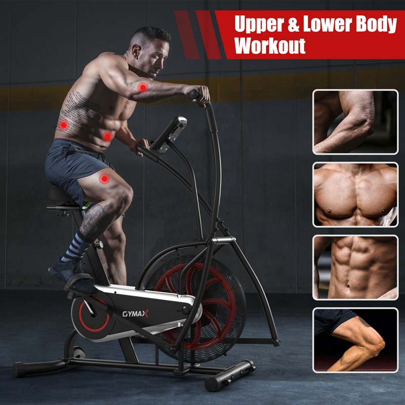 Air Resistance Upright Bike with LCD Monitor, Phone Holder & Built-in Wheels, Fully Adjustable Stationary Exercise Fan Bike