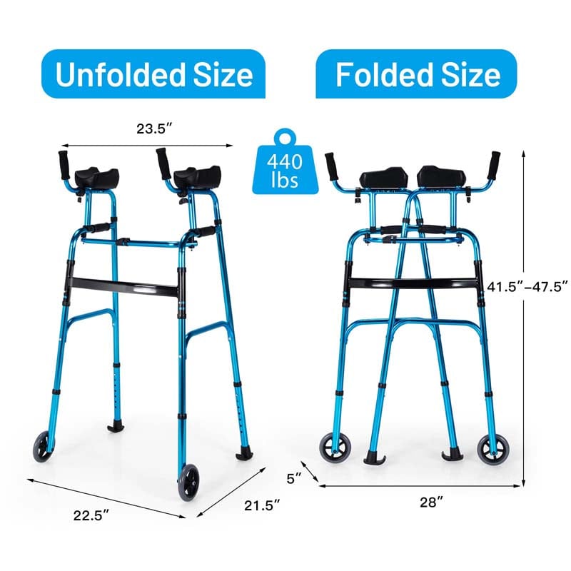 Foldable Standard Walker 440lbs Walking Mobility Aid with 5" Wheels & Removable Padded Armrests