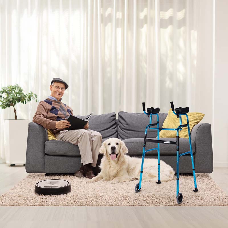 Foldable Standard Walker 440lbs Walking Mobility Aid with 5" Wheels & Removable Padded Armrests