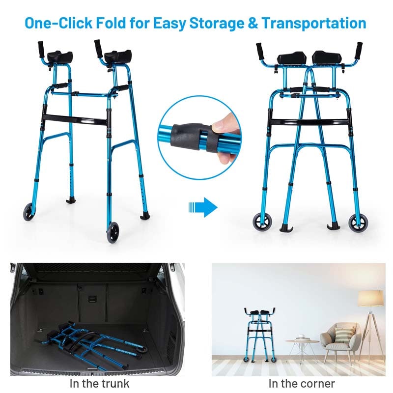 Foldable Standard Walker 440lbs Walking Mobility Aid with 5" Wheels & Removable Padded Armrests