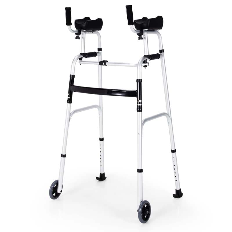 Foldable Standard Walker 440lbs Walking Mobility Aid with 5" Wheels & Removable Padded Armrests