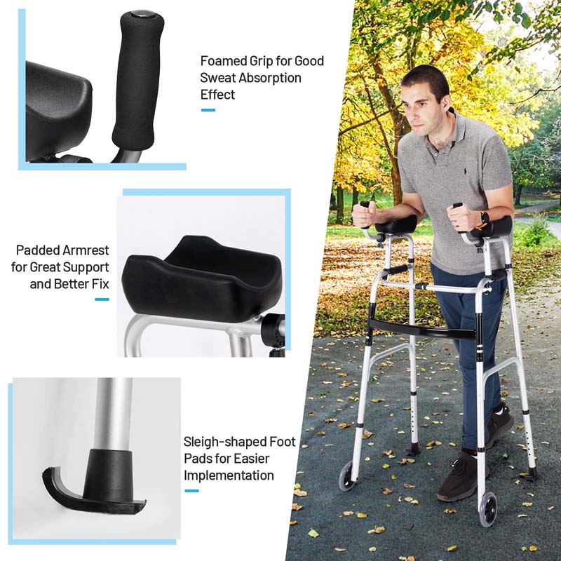 Foldable Standard Walker 440lbs Walking Mobility Aid with 5" Wheels & Removable Padded Armrests