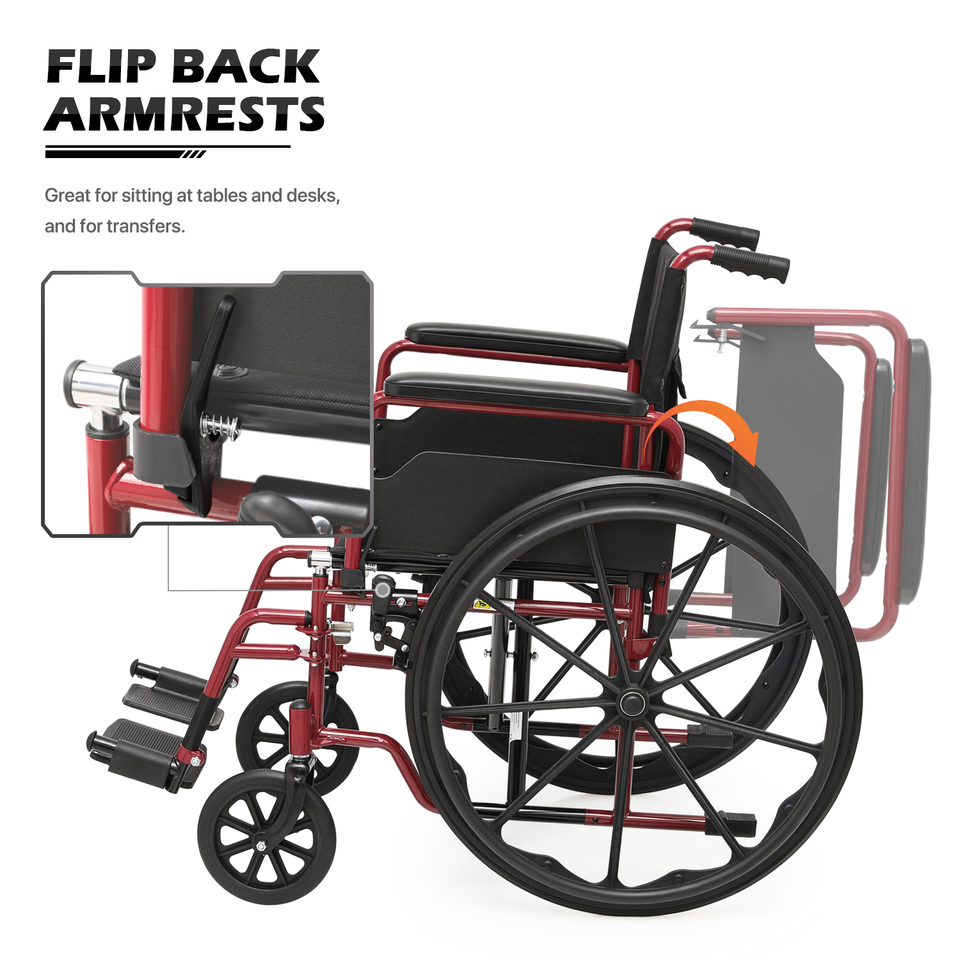 18"Folding Manual Wheelchair Flip Back Armrest Swing Away Footrest