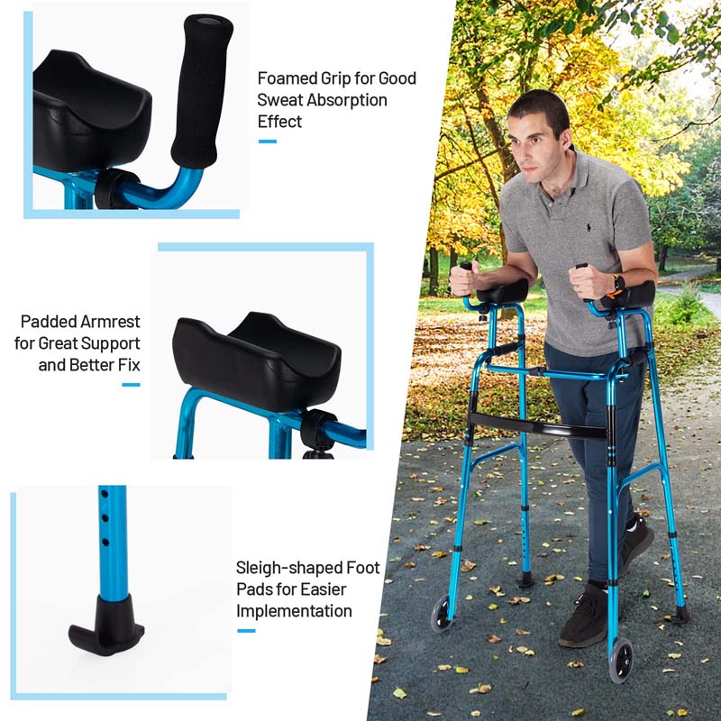 Foldable Standard Walker 440lbs Walking Mobility Aid with 5" Wheels & Removable Padded Armrests