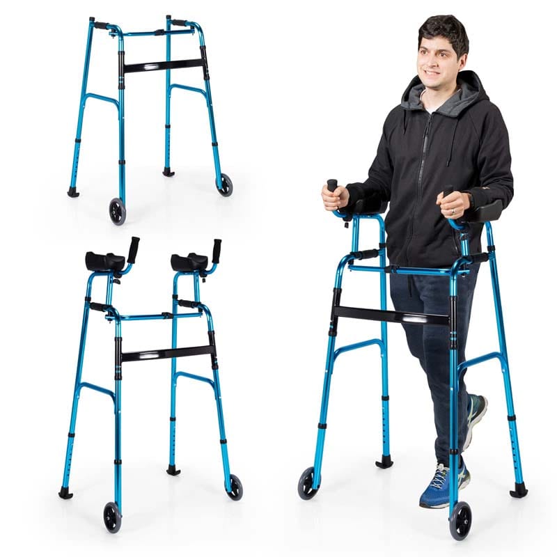Foldable Standard Walker 440lbs Walking Mobility Aid with 5" Wheels & Removable Padded Armrests