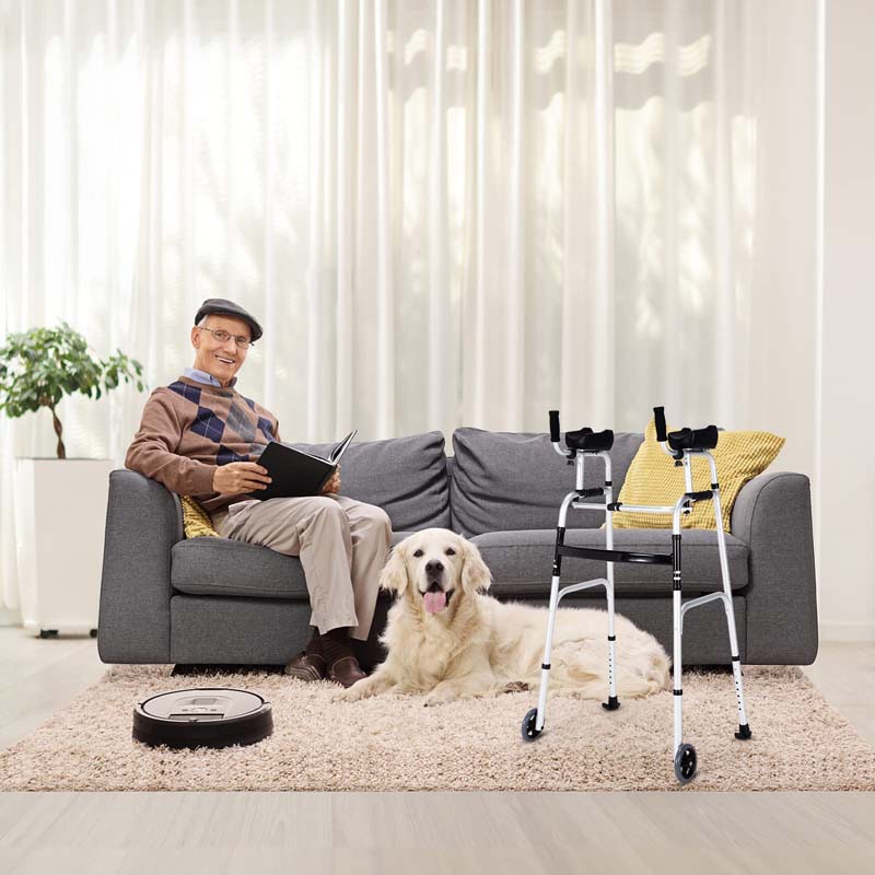 Foldable Standard Walker 440lbs Walking Mobility Aid with 5" Wheels & Removable Padded Armrests
