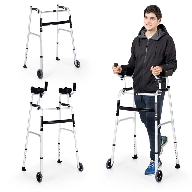 Foldable Standard Walker 440lbs Walking Mobility Aid with 5" Wheels & Removable Padded Armrests