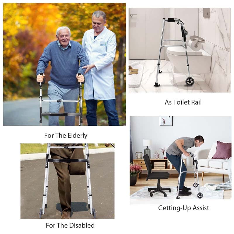 Foldable Standard Walker 440lbs Walking Mobility Aid with 5" Wheels & Removable Padded Armrests