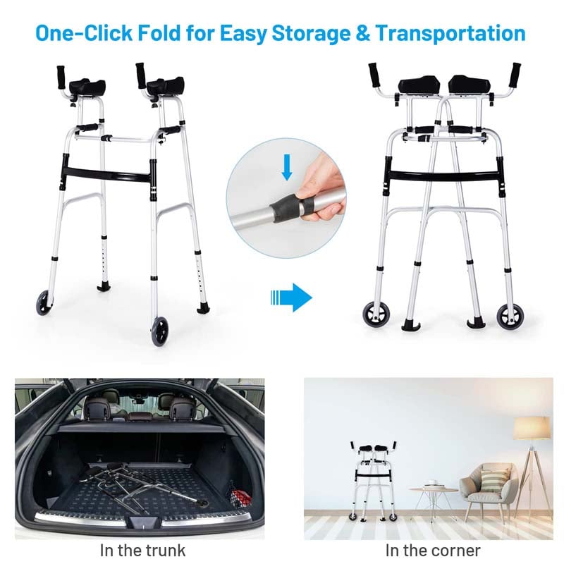 Foldable Standard Walker 440lbs Walking Mobility Aid with 5" Wheels & Removable Padded Armrests