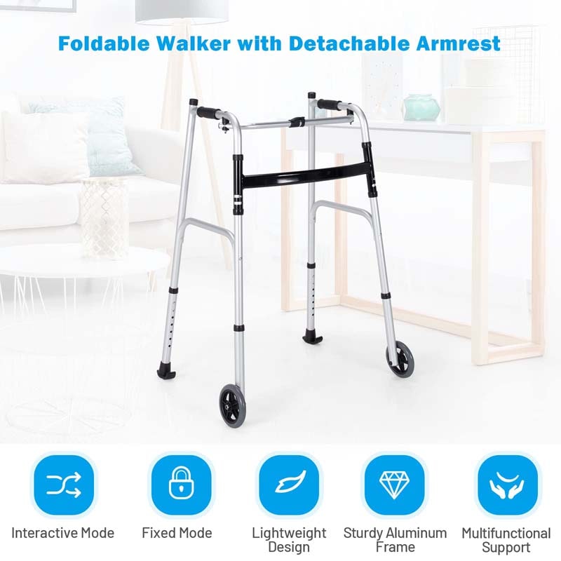 Foldable Standard Walker 440lbs Walking Mobility Aid with 5" Wheels & Removable Padded Armrests