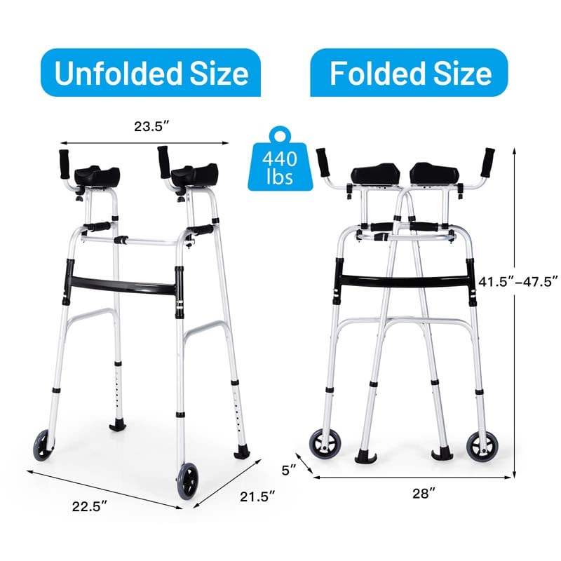 Foldable Standard Walker 440lbs Walking Mobility Aid with 5" Wheels & Removable Padded Armrests