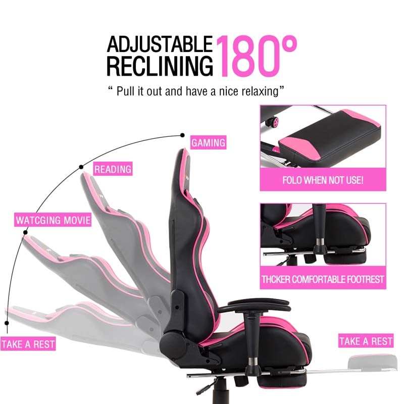 PU Leather Massage Gaming Chair with Footrest, Height Adjustable High Back Ergonomic Gamer Racing Recliner, Swivel PC Game Chair Office Chair
