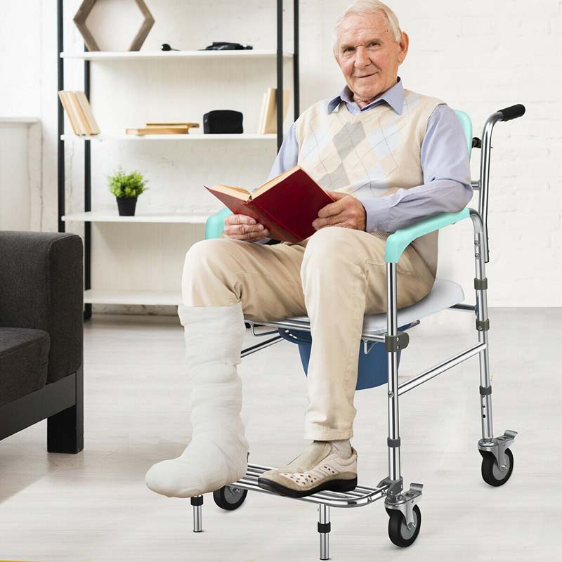 4 in 1 Bedside Commode Chair Transport Shower Wheelchair Toilet Chair with Folding Pedal