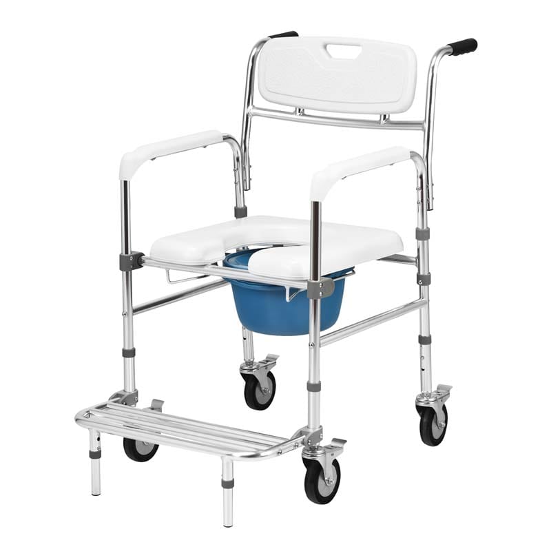 4 in 1 Bedside Commode Chair Transport Shower Wheelchair Toilet Chair with Folding Pedal